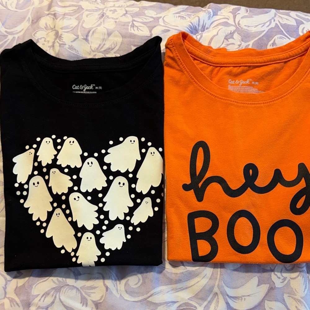 Girls Cat & Jack halloween Ghost Hey Boo black Orange tshirt size M 8 years